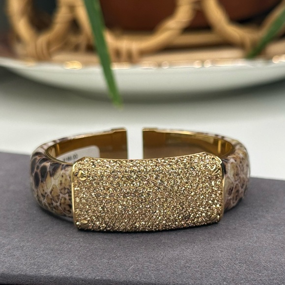 Henri Bendel Gold Snakeskin Hinged Cuff Bracelet Pavé Crystal